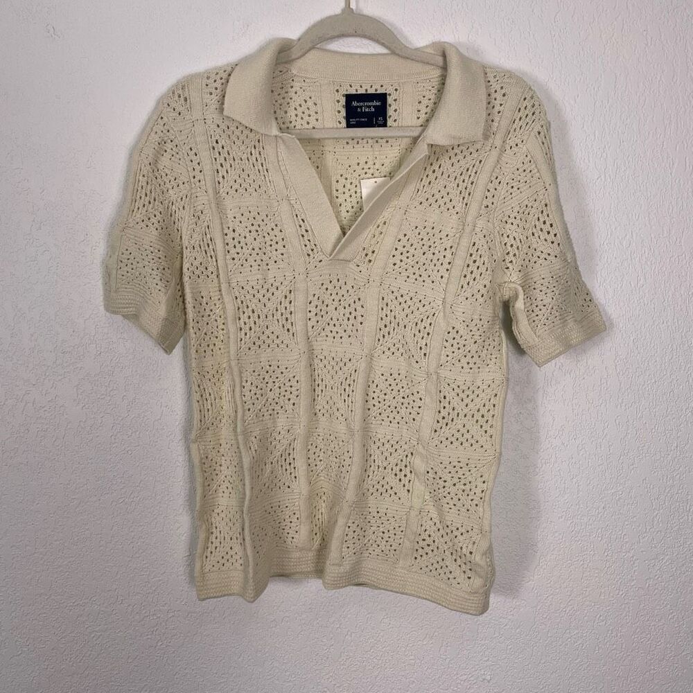NWT Abercrombie & Fitch Ivory Open Knit Collared Short Sleeve Top Size XS